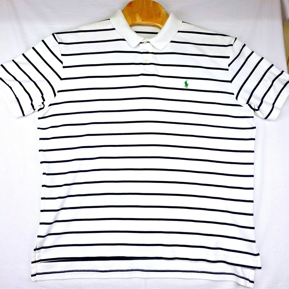 Polo Ralph Lauren Polo Shirt Men XL White Navy Blue Striped Cotton Short Sleeve - Picture 2 of 7